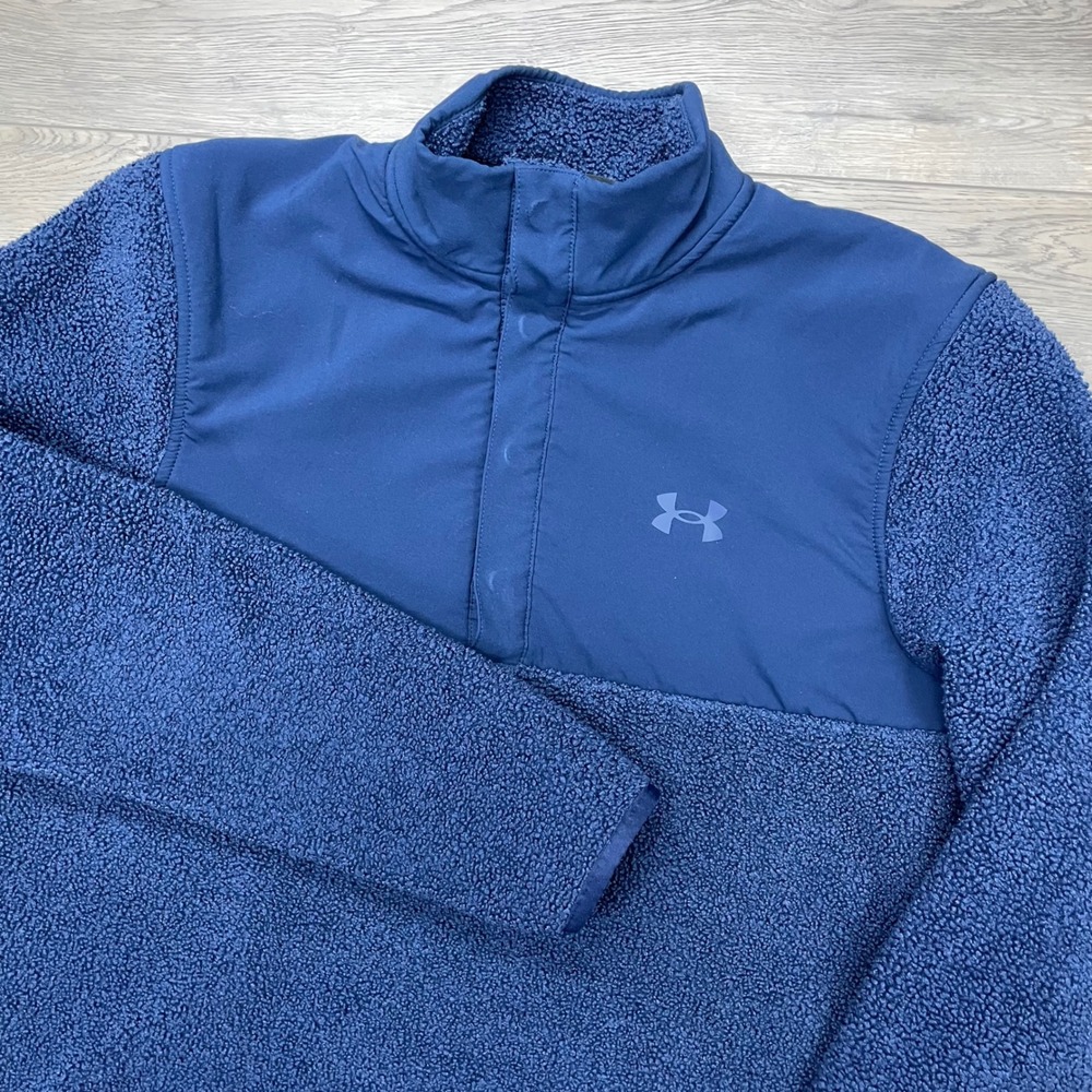 Under Armour Pullover Mens Medium Blue Sherpa Fleece Quarter Snap Mock Neck